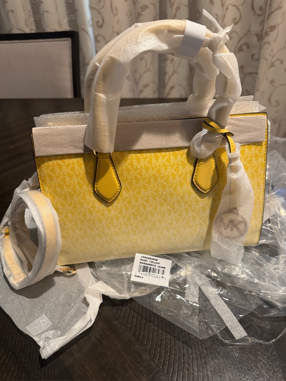 Michael Kors Yellow Logo Print Satchel with Gold Accents